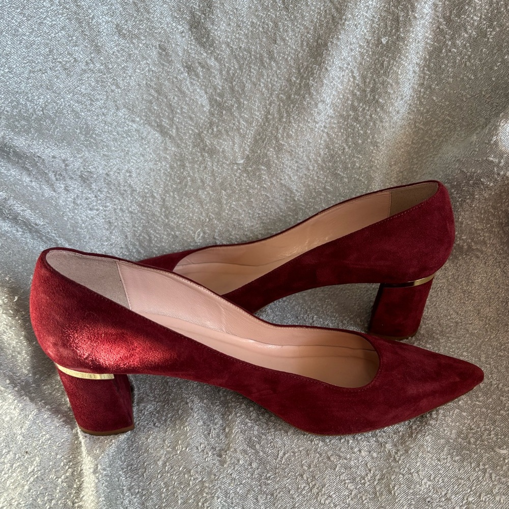 Pointed Toe Block Heel Pumps in Burgundy Suede - Picture 6 of 13